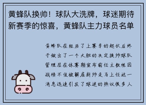 黄蜂队换帅！球队大洗牌，球迷期待新赛季的惊喜，黄蜂队主力球员名单